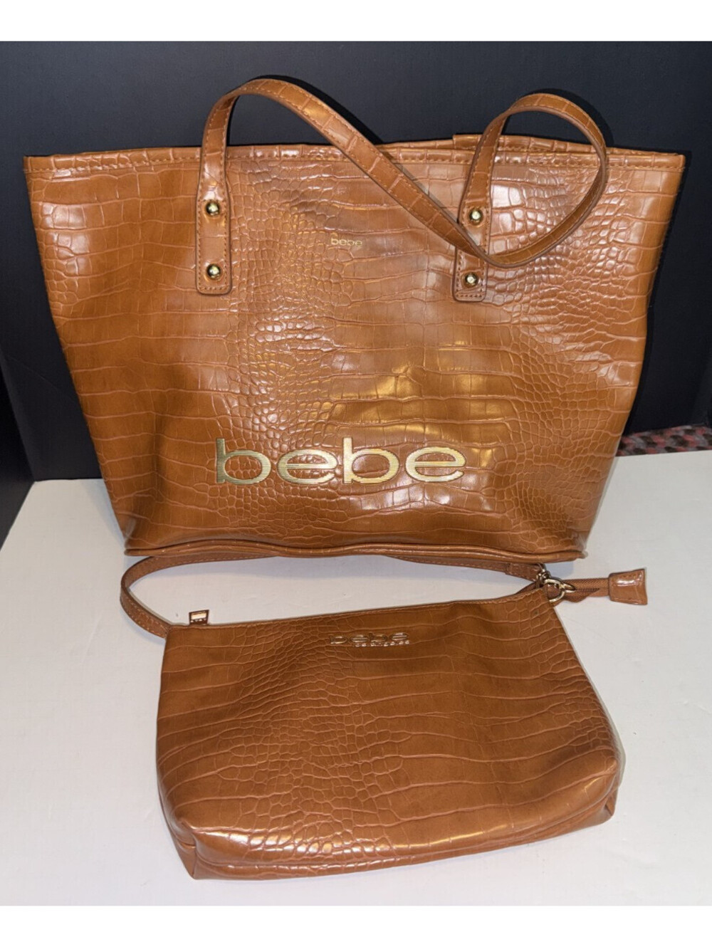 bebe Brown Croc Embossed Tote Bag Zip Closure Matching Pouch Gold Hardware